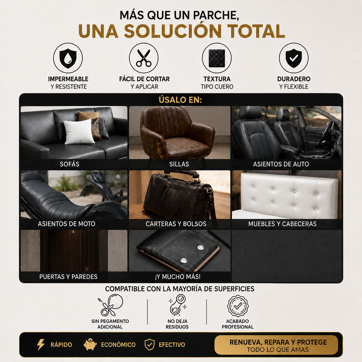 Cuero Adhesivo Premium para Renovar, Reparar y Proteger
