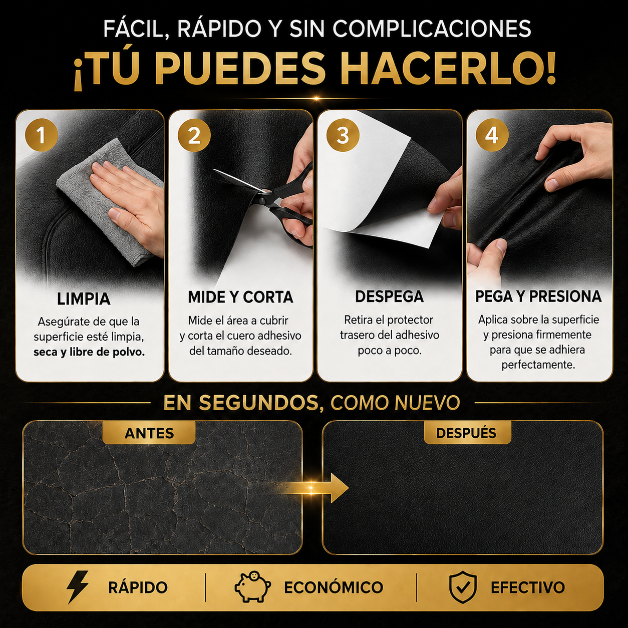 Cuero Adhesivo Premium para Renovar, Reparar y Proteger